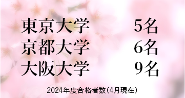 東京大学 / 京都大学  / 大阪大学 ※2023年度合格者数（4月現在）